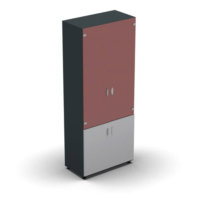 Armoire haute m�lamin� - 2 portes vitr�es + 2 portes m�lamin�s - 4 tablettes - 80 x 198 cm - verre �maill� rouge rubis - portes m�lamin�s gris clair - corps gris anthracite
