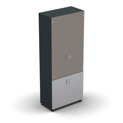 Armoire haute m�lamin� - 2 portes vitr�es + 2 portes m�lamin�s - 4 tablettes - 80 x 198 cm - verre �maill� gris souris - portes m�lamin�s gris clair - corps gris anthracite