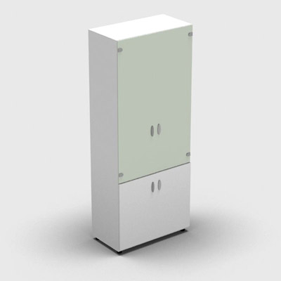 Armoire haute m�lamin� - 2 portes vitr�es + 2 portes m�lamin�s - 4 tablettes - 80 x 198 cm - verre �maill� blanc - portes m�lamin�s blanc neige - corps blanc neige