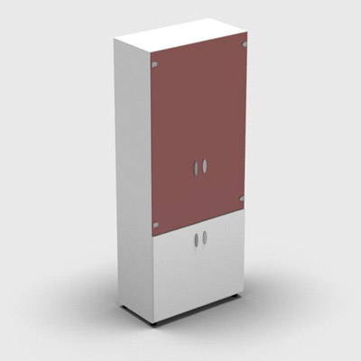 Armoire haute m�lamin� - 2 portes vitr�es + 2 portes m�lamin�s - 4 tablettes - 80 x 198 cm - verre �maill� rouge rubis - portes m�lamin�s blanc neige - corps blanc neige