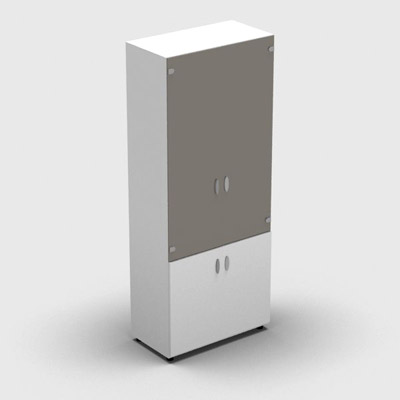 Armoire haute m�lamin� - 2 portes vitr�es + 2 portes m�lamin�s - 4 tablettes - 80 x 198 cm - verre �maill� gris souris - portes m�lamin�s blanc neige - corps blanc neige