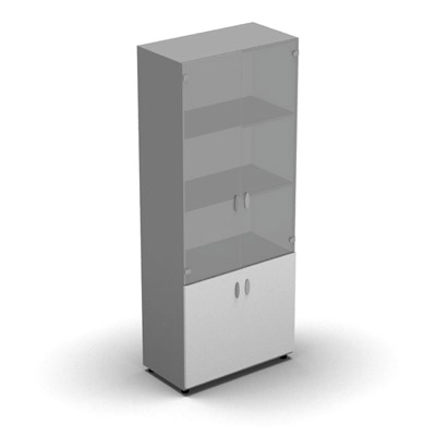Armoire haute mlamin - 2 portes vitres + 2 portes mlamins - 4 tablettes - 80 x 198 cm - verre transparent dpoli - portes mlamins blanc neige - corps gris aluminium