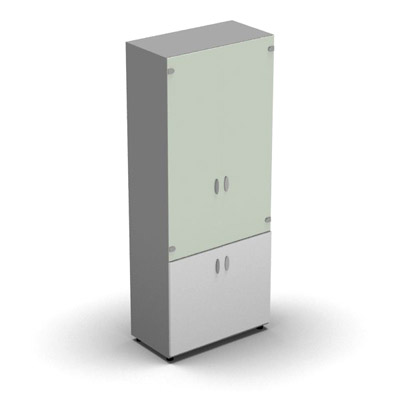 Armoire haute m�lamin� - 2 portes vitr�es + 2 portes m�lamin�s - 4 tablettes - 80 x 198 cm - verre �maill� blanc - portes m�lamin�s blanc neige - corps gris aluminium