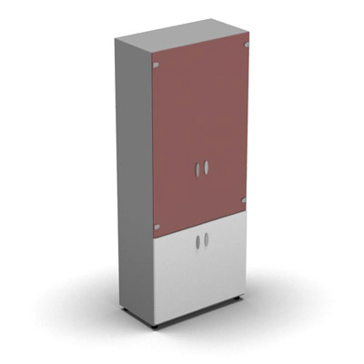 Armoire haute m�lamin� - 2 portes vitr�es + 2 portes m�lamin�s - 4 tablettes - 80 x 198 cm - verre �maill� rouge rubis - portes m�lamin�s blanc neige - corps gris aluminium