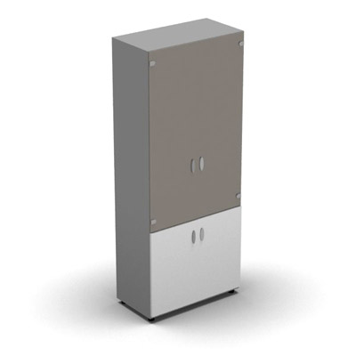 Armoire haute m�lamin� - 2 portes vitr�es + 2 portes m�lamin�s - 4 tablettes - 80 x 198 cm - verre �maill� gris souris - portes m�lamin�s blanc neige - corps gris aluminium
