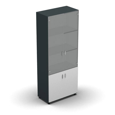 Armoire haute mlamin - 2 portes vitres + 2 portes mlamins - 4 tablettes - 80 x 198 cm - verre transparent dpoli - portes mlamins blanc neige - corps gris anthracite