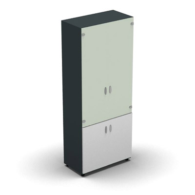 Armoire haute m�lamin� - 2 portes vitr�es + 2 portes m�lamin�s - 4 tablettes - 80 x 198 cm - verre �maill� blanc - portes m�lamin�s blanc neige - corps gris anthracite