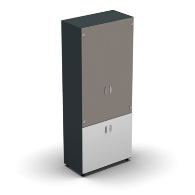 Armoire haute m�lamin� - 2 portes vitr�es + 2 portes m�lamin�s - 4 tablettes - 80 x 198 cm - verre �maill� gris souris - portes m�lamin�s blanc neige - corps gris anthracite