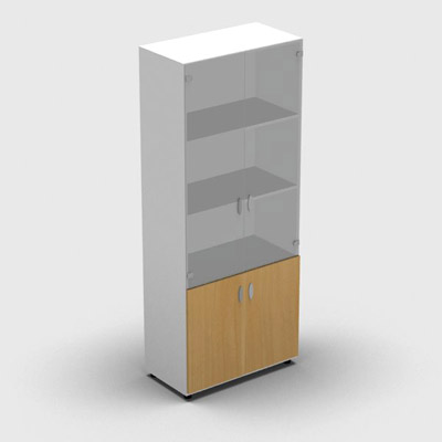 Armoire haute m�lamin� - 2 portes vitr�es + 2 portes m�lamin�s - 4 tablettes - 80 x 198 cm - verre transparent d�poli - portes m�lamin�s h�tre dor� - corps blanc neige