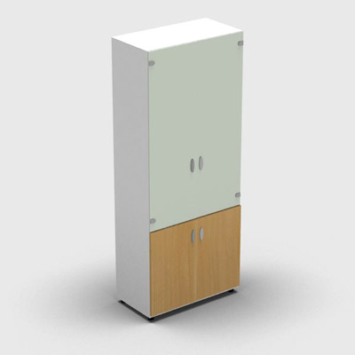 Armoire haute mlamin - 2 portes vitres + 2 portes mlamins - 4 tablettes - 80 x 198 cm - verre maill blanc - portes mlamins htre dor - corps blanc neige