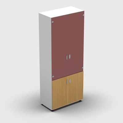 Armoire haute m�lamin� - 2 portes vitr�es + 2 portes m�lamin�s - 4 tablettes - 80 x 198 cm - verre �maill� rouge rubis - portes m�lamin�s h�tre dor� - corps blanc neige