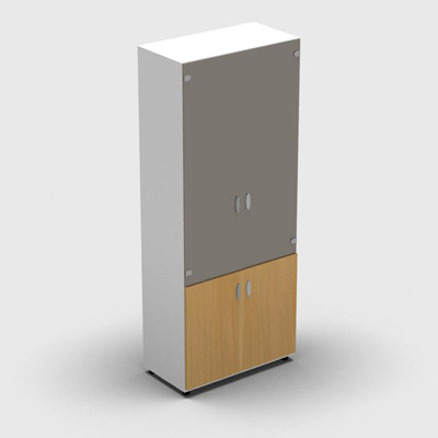 Armoire haute m�lamin� - 2 portes vitr�es + 2 portes m�lamin�s - 4 tablettes - 80 x 198 cm - verre �maill� gris souris - portes m�lamin�s h�tre dor� - corps blanc neige
