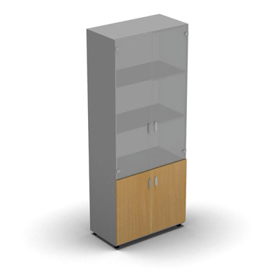 Armoire haute mlamin - 2 portes vitres + 2 portes mlamins - 4 tablettes - 80 x 198 cm - verre transparent dpoli - portes mlamins htre dor - corps gris aluminium