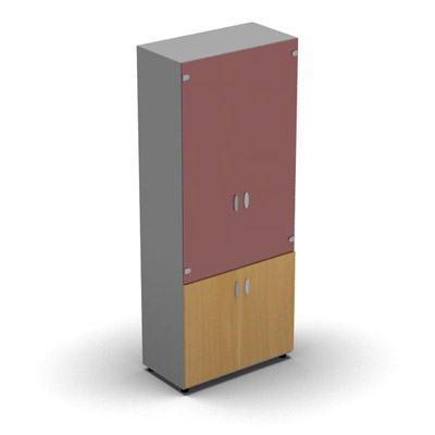 Armoire haute m�lamin� - 2 portes vitr�es + 2 portes m�lamin�s - 4 tablettes - 80 x 198 cm - verre �maill� rouge rubis - portes m�lamin�s h�tre dor� - corps gris aluminium