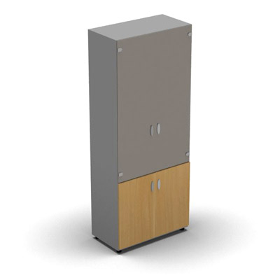 Armoire haute m�lamin� - 2 portes vitr�es + 2 portes m�lamin�s - 4 tablettes - 80 x 198 cm - verre �maill� gris souris - portes m�lamin�s h�tre dor� - corps gris aluminium