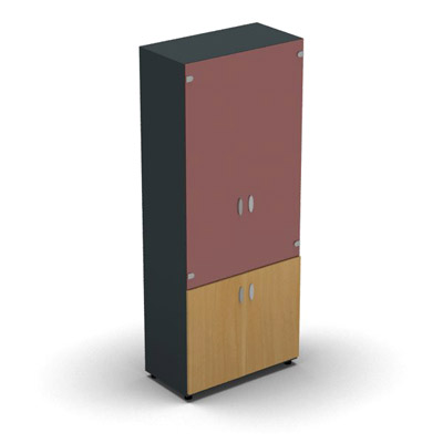 Armoire haute m�lamin� - 2 portes vitr�es + 2 portes m�lamin�s - 4 tablettes - 80 x 198 cm - verre �maill� rouge rubis - portes m�lamin�s h�tre dor� - corps gris anthracite