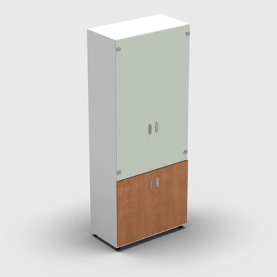Armoire haute mlamin - 2 portes vitres + 2 portes mlamins - 4 tablettes - 80 x 198 cm - verre maill blanc - portes mlamins pommier de France - corps blanc neige