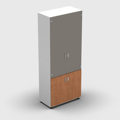 Armoire haute m�lamin� - 2 portes vitr�es + 2 portes m�lamin�s - 4 tablettes - 80 x 198 cm - verre �maill� gris souris - portes m�lamin�s pommier de France - corps blanc neige