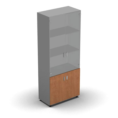 Armoire haute m�lamin� - 2 portes vitr�es + 2 portes m�lamin�s - 4 tablettes - 80 x 198 cm - verre transparent d�poli - portes m�lamin�s pommier de France - corps gris aluminium