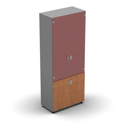 Armoire haute mlamin - 2 portes vitres + 2 portes mlamins - 4 tablettes - 80 x 198 cm - verre maill rouge rubis - portes mlamins pommier de France - corps gris aluminium