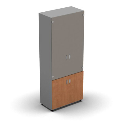 Armoire haute mlamin - 2 portes vitres + 2 portes mlamins - 4 tablettes - 80 x 198 cm - verre maill gris souris - portes mlamins pommier de France - corps gris aluminium