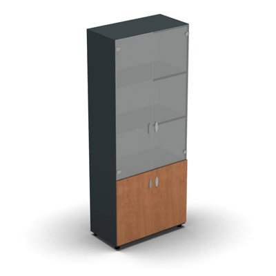 Armoire haute mlamin - 2 portes vitres + 2 portes mlamins - 4 tablettes - 80 x 198 cm - verre transparent dpoli - portes mlamins pommier de France - corps gris anthracite