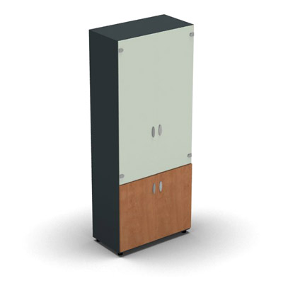 Armoire haute mlamin - 2 portes vitres + 2 portes mlamins - 4 tablettes - 80 x 198 cm - verre maill blanc - portes mlamins pommier de France - corps gris anthracite
