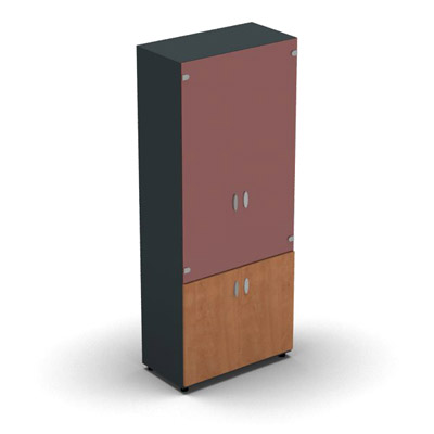 Armoire haute mlamin - 2 portes vitres + 2 portes mlamins - 4 tablettes - 80 x 198 cm - verre maill rouge rubis - portes mlamins pommier de France - corps gris anthracite
