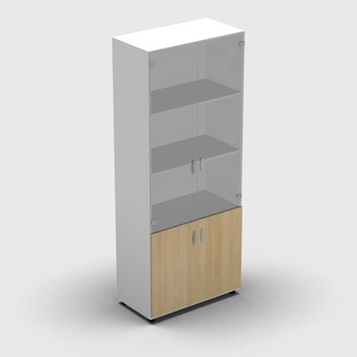 Armoire haute mlamin - 2 portes vitres + 2 portes mlamins - 4 tablettes - 80 x 198 cm - verre transparent dpoli - portes mlamins chne clair - corps blanc neige