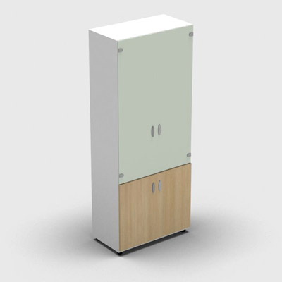 Armoire haute mlamin - 2 portes vitres + 2 portes mlamins - 4 tablettes - 80 x 198 cm - verre maill blanc - portes mlamins chne clair - corps blanc neige