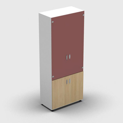 Armoire haute mlamin - 2 portes vitres + 2 portes mlamins - 4 tablettes - 80 x 198 cm - verre maill rouge rubis - portes mlamins chne clair - corps blanc neige
