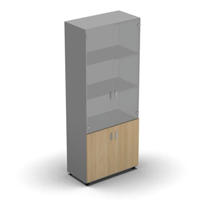 Armoire haute mlamin - 2 portes vitres + 2 portes mlamins - 4 tablettes - 80 x 198 cm - verre transparent dpoli - portes mlamins chne clair - corps gris aluminium