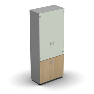 Armoire haute mlamin - 2 portes vitres + 2 portes mlamins - 4 tablettes - 80 x 198 cm - verre maill blanc - portes mlamins chne clair - corps gris aluminium