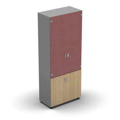 Armoire haute mlamin - 2 portes vitres + 2 portes mlamins - 4 tablettes - 80 x 198 cm - verre maill rouge rubis - portes mlamins chne clair - corps gris aluminium