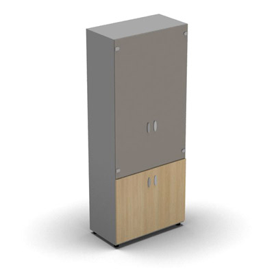 Armoire haute mlamin - 2 portes vitres + 2 portes mlamins - 4 tablettes - 80 x 198 cm - verre maill gris souris - portes mlamins chne clair - corps gris aluminium