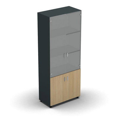 Armoire haute mlamin - 2 portes vitres + 2 portes mlamins - 4 tablettes - 80 x 198 cm - verre transparent dpoli - portes mlamins chne clair - corps gris anthracite