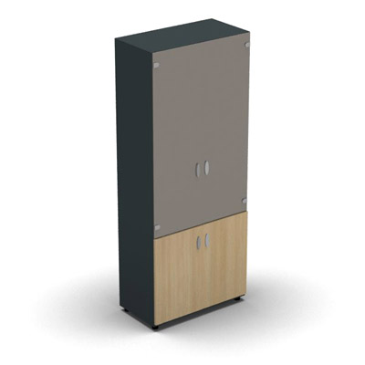 Armoire haute mlamin - 2 portes vitres + 2 portes mlamins - 4 tablettes - 80 x 198 cm - verre maill gris souris - portes mlamins chne clair - corps gris anthracite