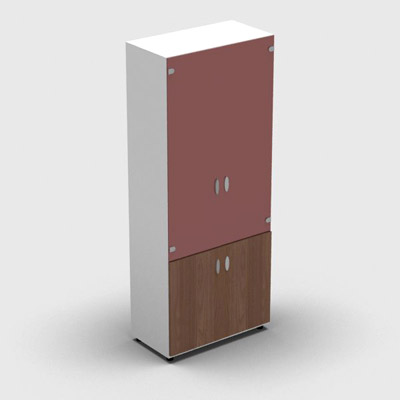 Armoire haute mlamin - 2 portes vitres + 2 portes mlamins - 4 tablettes - 80 x 198 cm - verre maill rouge rubis - portes mlamins noyer ambr - corps blanc neige