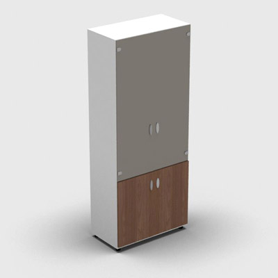 Armoire haute mlamin - 2 portes vitres + 2 portes mlamins - 4 tablettes - 80 x 198 cm - verre maill gris souris - portes mlamins noyer ambr - corps blanc neige