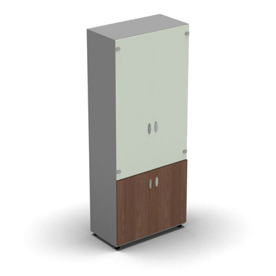 Armoire haute mlamin - 2 portes vitres + 2 portes mlamins - 4 tablettes - 80 x 198 cm - verre maill blanc - portes mlamins noyer ambr - corps gris aluminium
