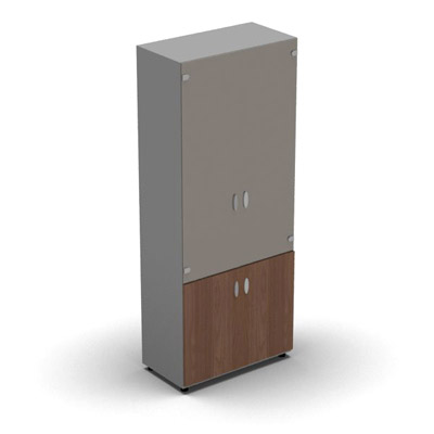 Armoire haute mlamin - 2 portes vitres + 2 portes mlamins - 4 tablettes - 80 x 198 cm - verre maill gris souris - portes mlamins noyer ambr - corps gris aluminium