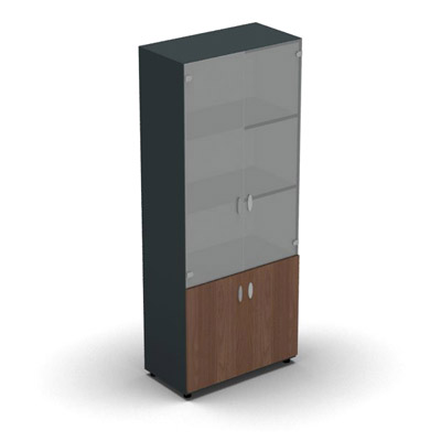 Armoire haute mlamin - 2 portes vitres + 2 portes mlamins - 4 tablettes - 80 x 198 cm - verre transparent dpoli - portes mlamins noyer ambr - corps gris anthracite