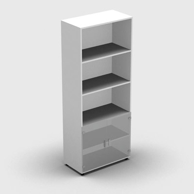 Armoire mlamine H. 197,3 x L. 80 x P. 42,6 cm 1/3 portes + 2/3 bibliothque - corps blanc neige - portes verre dpoli transparent - quipe de 4 tablettes