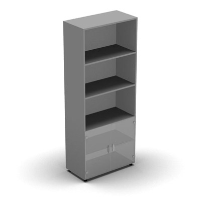 Armoire mlamine H. 197,3 x L. 80 x P. 42,6 cm 1/3 portes + 2/3 bibliothque - corps gris aluminium - portes verre dpoli transparent - quipe de 4 tablettes