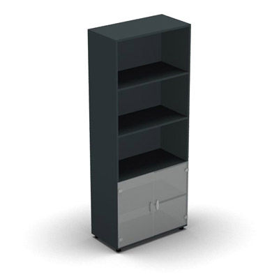 Armoire mlamine H. 197,3 x L. 80 x P. 42,6 cm 1/3 portes + 2/3 bibliothque - corps gris anthracite - portes verre dpoli transparent - quipe de 4 tablettes