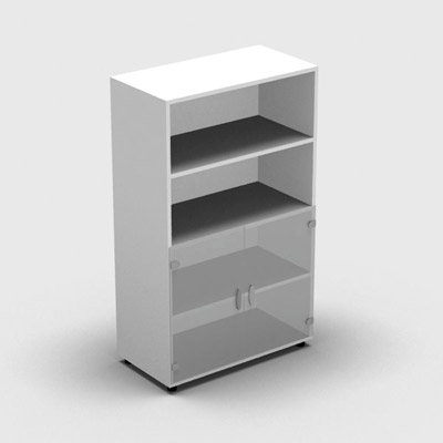 Armoire mlamine H. 133,3 x L. 80 x P. 42,6 cm 1/2 portes + 1/2 bibliothque - corps blanc neige - portes verre dpoli transparent - quipe de 3 tablettes