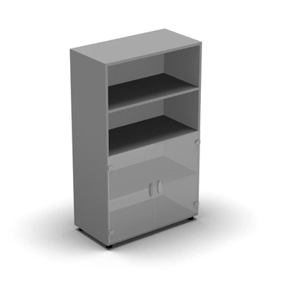 Armoire mlamine H. 133,3 x L. 80 x P. 42,6 cm 1/2 portes + 1/2 bibliothque - corps gris aluminium - portes verre dpoli transparent - quipe de 3 tablettes