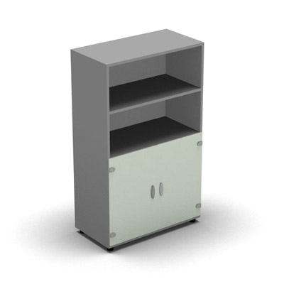 Armoire mlamine H. 133,3 x L. 80 x P. 42,6 cm 1/2 portes + 1/2 bibliothque - corps gris aluminium - portes verre maill blanc - quipe de 3 tablettes