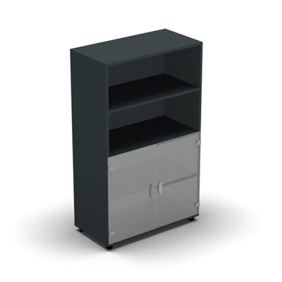 Armoire mlamine H. 133,3 x L. 80 x P. 42,6 cm 1/2 portes + 1/2 bibliothque - corps gris anthracite - portes verre dpoli transparent - quipe de 3 tablettes