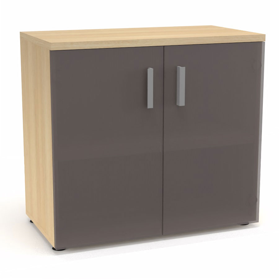 Armoire mlamine Armand 1 tablette H. 73,5 x L. 80 x P. 43,2 cm corps et top finition mlamine chne clair avec 2 portes verre maill gris souris